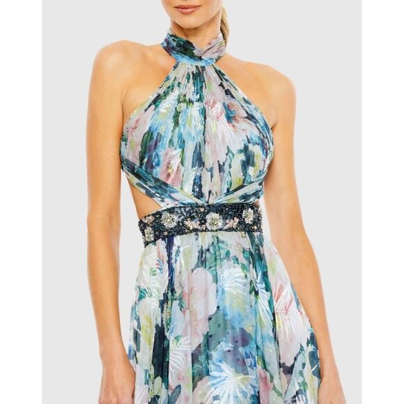 Mac Duggal Size 18 Blue Floral 68089 Halter Maxi Gown Cut Out Embellished Dress - Picture 4 of 13